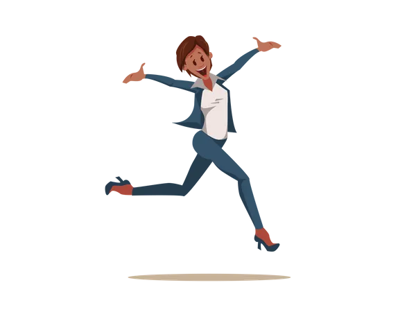 Excited Coworker Woman Wearing Pantsuit Jump Up  Illustration