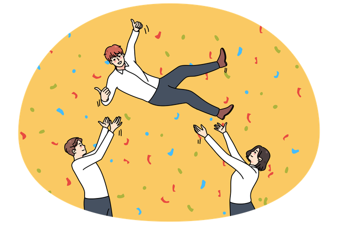 興奮した従業員が共通のビジネスの成功を祝う  イラスト