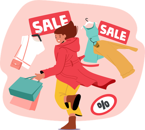 Excited female customer feeling amazement and satisfaction of great sale discount  Illustration