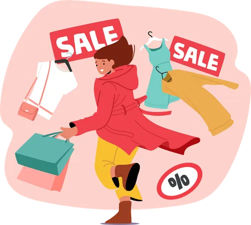 Excited female customer feeling amazement and satisfaction of great sale discount  Illustration