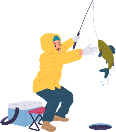 Excited fisherman catching pulling fish from hole in ice in spinning rod  Illustration