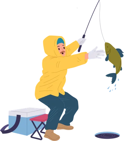 Excited fisherman catching pulling fish from hole in ice in spinning rod  Illustration