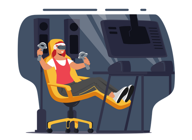 Excited Gamer Girl with Joysticks in Hands and VR Glasses Playing Games Illustration