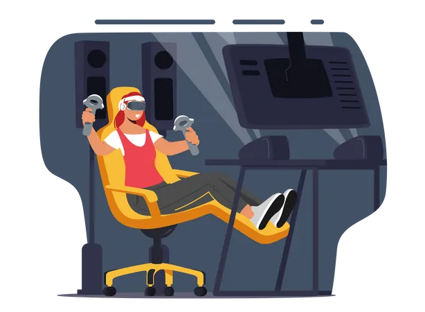 Excited Gamer Girl with Joysticks in Hands and VR Glasses Playing Games Illustration