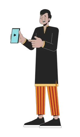 Excited Giggling Indian Man Pointing On Cellphone 2 D Linear Cartoon Character Young Adult Guy Isolated Line Vector Person White Background Hindu Festival Deepawali Color Flat Spot Illustration Illustration