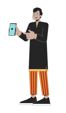 Excited giggling indian man pointing on cellphone  Illustration