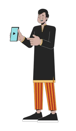 Excited giggling indian man pointing on cellphone  Illustration