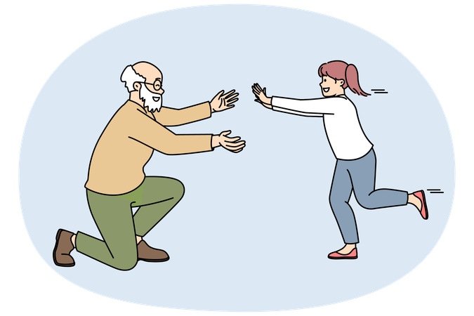 Excited girl child running to elderly grandfather  Illustration