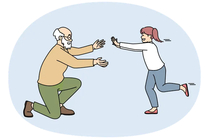 Excited girl child running to elderly grandfather  Illustration