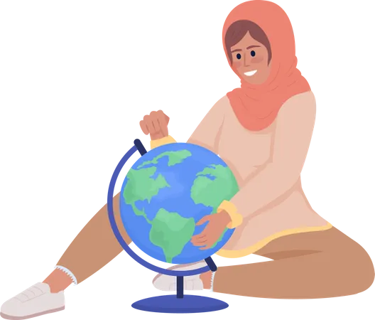 Excited girl studying Earth globe  Illustration