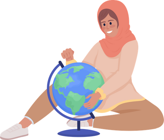 Excited girl studying Earth globe  Illustration