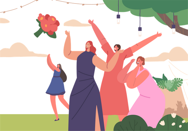 Excited Girls Eagerly Catching The Wedding Bouquet  Illustration