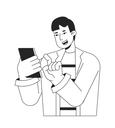 Excited guy playing on cell phone Illustration