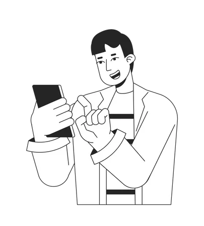 Excited guy playing on cell phone  Illustration