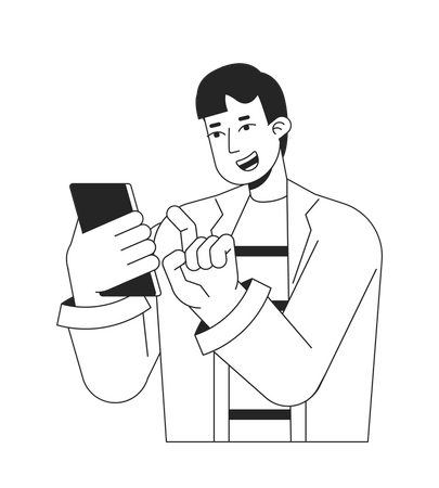 Excited guy playing on cell phone  Illustration