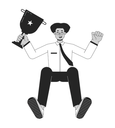 Excited Hispanic Employee Holding Trophy Cup Flat Line Black White Vector Character Editable Outline Full Body Person Latino Worker Simple Cartoon Isolated Spot Illustration For Web Graphic Design Illustration