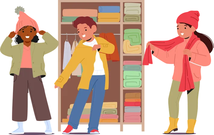 Excited Kids Gather Near The Wardrobe Giggling And Selecting Colorful Outfits The Room Buzzes With Anticipation As They Playfully Choose Clothes For The Walk Cartoon People Vector Illustration Illustration
