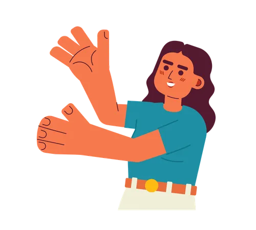 Excited Latina Woman Presenting With Hands Palm Up Semi Flat Color Vector Character Girl With Raised Arms Editable Half Body Person On White Simple Cartoon Spot Illustration For Web Graphic Design Illustration