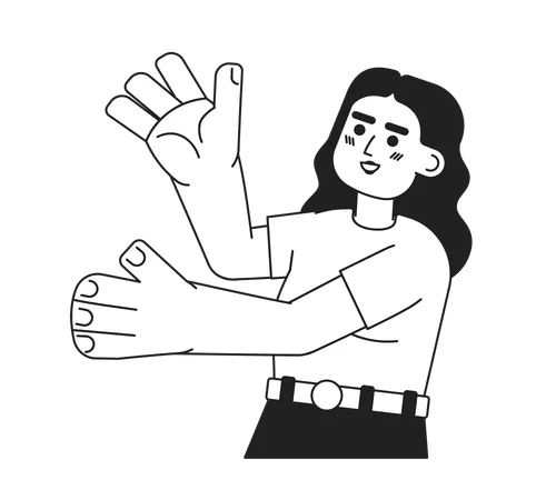Excited Latina Woman Presenting With Hands Palm Up Monochromatic Flat Vector Character Girl With Raised Arms Editable Thin Line Person On White Simple Bw Cartoon Spot Image For Web Graphic Design Illustration