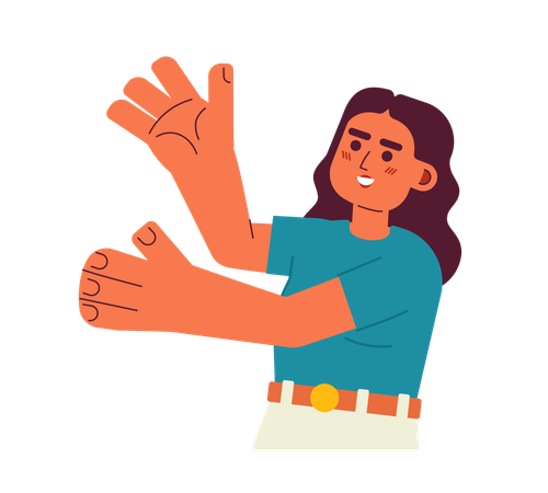 Excited latina woman presenting with hands palm up  Illustration