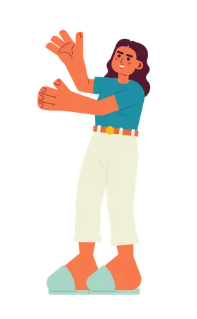 Excited Latina Woman Stretching Out Hands Semi Flat Color Vector Character Brunette Girl Raised Arms Editable Full Body Person On White Simple Cartoon Spot Illustration For Web Graphic Design イラスト