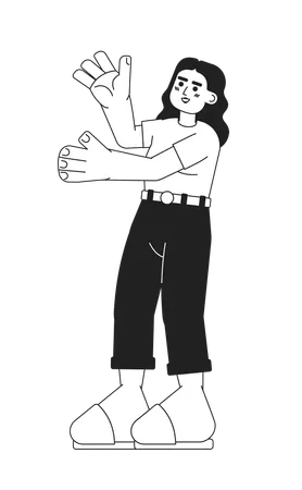 Excited Latina Woman Stretching Out Hands Monochromatic Flat Vector Character Brunette Girl Raised Arms Editable Thin Line Person On White Simple Bw Cartoon Spot Image For Web Graphic Design イラスト