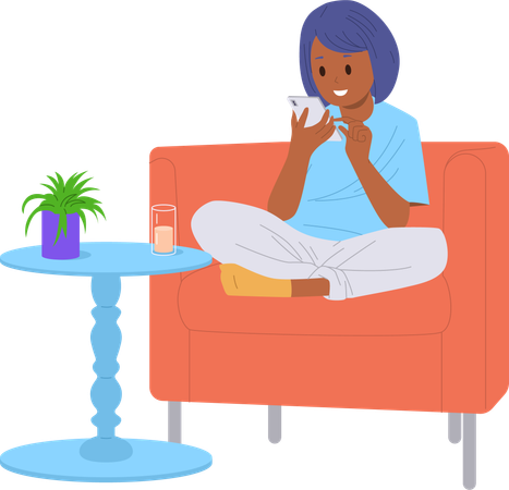 Excited lazy girl child chatting social media network via smartphone sitting on armchair  Illustration