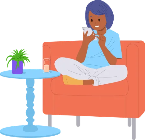 Excited lazy girl child chatting social media network via smartphone sitting on armchair  Illustration