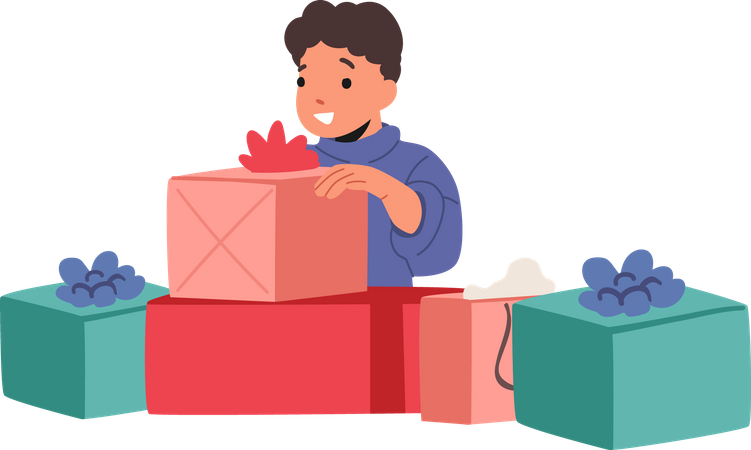 Excited Little Boy Opening Big Wrapped Gift Boxes Illustration