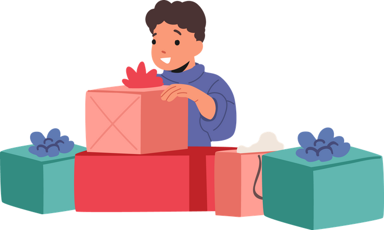 Excited Little Boy Opening Big Wrapped Gift Boxes  Illustration