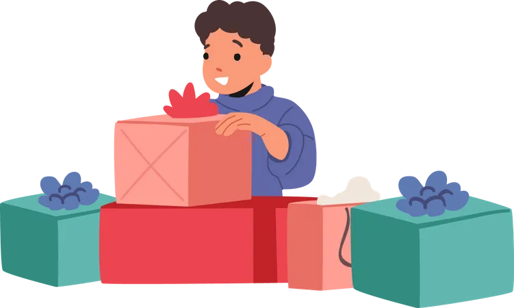 Excited Little Boy Opening Big Wrapped Gift Boxes  Illustration