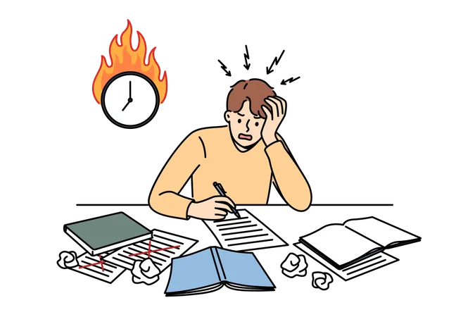 Excited Man Student Is Writing Thesis And Panicking Because Of Deadline Sitting At Table Near Burning Clock Guy Student Needs Help Filling Out Application Or Test For Admission To University Illustration