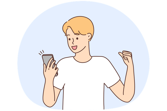 Excited man celebrate good news on cellphone  Illustration