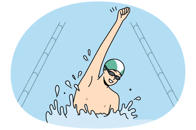 Excited man celebrate win in swimming contest  Illustration
