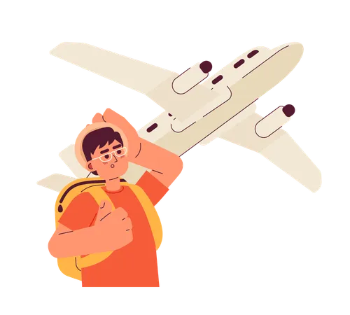 Excited Man Looking On Flying Plane Flat Concept Vector Spot Illustration Traveler With Backpack And Hat 2 D Cartoon Character On White For Web UI Design Isolated Editable Creative Hero Image 일러스트레이션