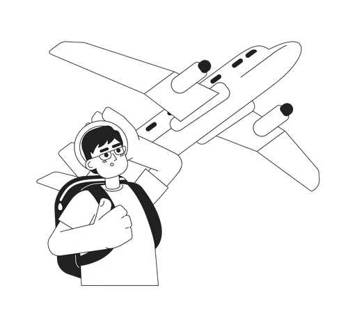 Excited Man Looking On Flying Plane Monochrome Concept Vector Spot Illustration Traveler With Backpack 2 D Flat Bw Cartoon Character On White For Web UI Design Isolated Editable Hand Drawn Hero Image Illustration