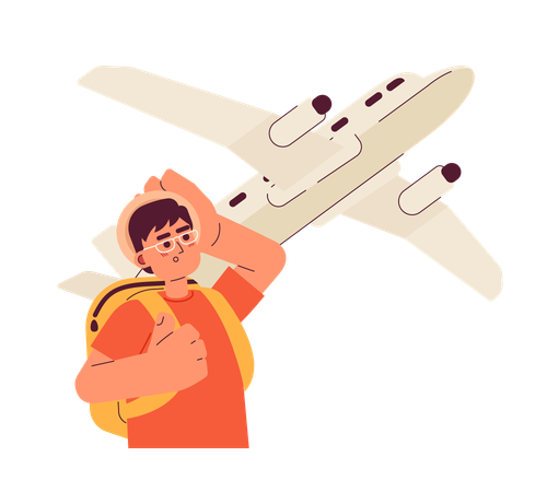 Excited man looking on flying plane  Illustration