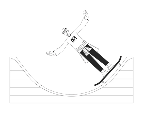 Excited Man On Skateboard Flat Line Black White Vector Character Editable Outline Full Body Skater Have Fun With Skateboard Simple Cartoon Isolated Spot Illustration For Web Graphic Design Illustration