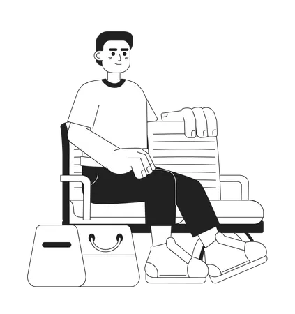 Excited Indian Man On Wooden Bench Monochromatic Flat Vector Character Editable Full Body Person With Handbag Waiting On White Simple Bw Cartoon Spot Image For Web Graphic Design Illustration
