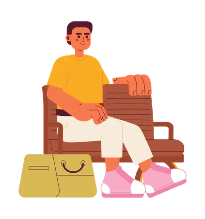 Excited Indian Man On Wooden Bench Semi Flat Color Vector Character Editable Full Body Person With Handbag Waiting On White Simple Cartoon Spot Illustration For Web Graphic Design Illustration