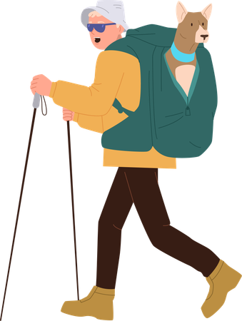 Excited man traveler walking trekking with dog in backpack  Illustration