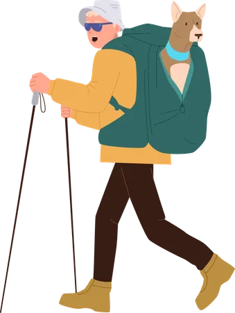 Excited man traveler walking trekking with dog in backpack  Illustration