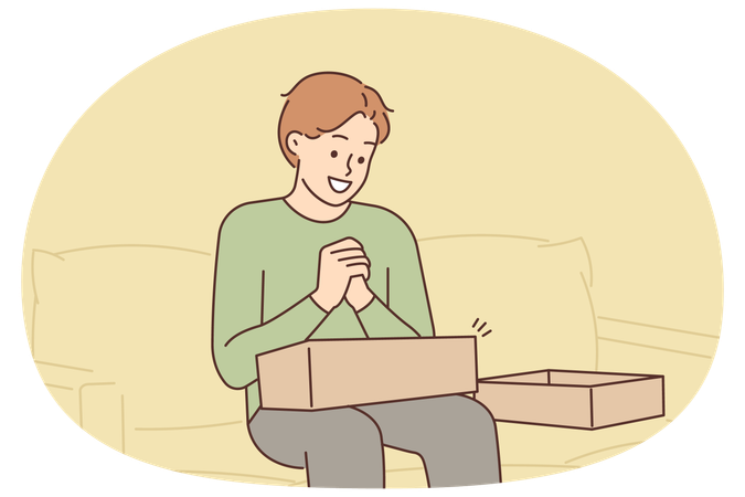 Excited man unpack order at home  Illustration