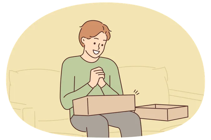 Excited man unpack order at home  Illustration