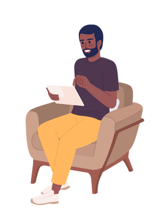 Excited man with tablet resting in armchair  Illustration