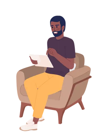 Excited man with tablet resting in armchair  Illustration