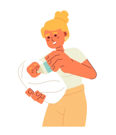Excited Mom Feeding Baby Semi Flat Color Vector Character Parenthood Taking Care Of Baby Editable Full Body Person On White Simple Cartoon Spot Illustration For Web Graphic Design Illustration