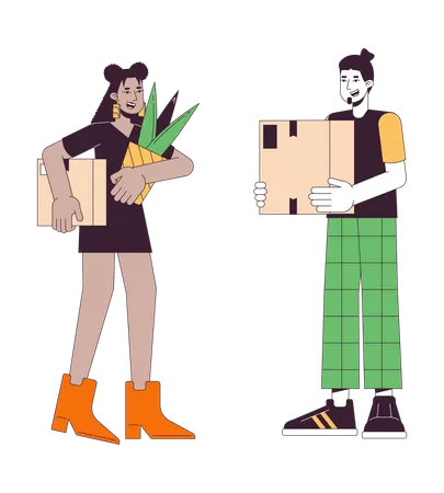 Excited Moving In Couple Line Cartoon Flat Illustration Relocation Two People Holding Moving Boxes 2 D Lineart Characters Isolated On White Background Beginning Independent Scene Vector Color Image 일러스트레이션