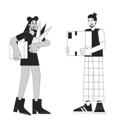Excited Moving In Couple Black And White Cartoon Flat Illustration Relocation Two People Holding Boxes 2 D Lineart Characters Isolated Beginning Independent Monochrome Scene Vector Outline Image Illustration