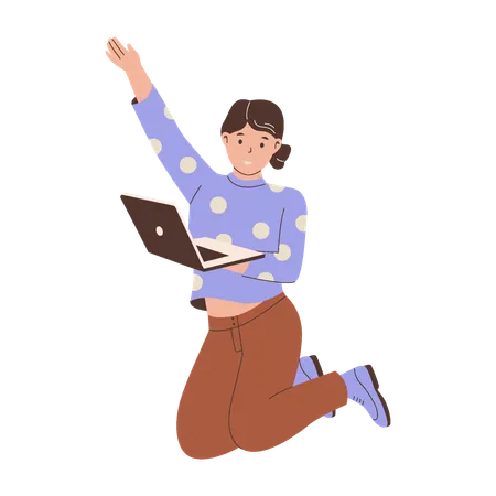 Excited People Using Laptops While Jumping  Illustration